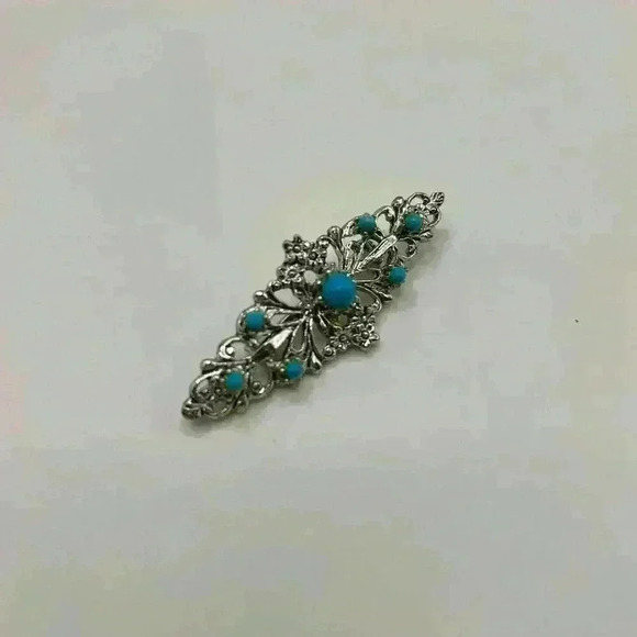 Gerry's Vintage Turquoise Round Silver Tone Flower Ornate Filigree Brooch Pin - Picture 2 of 5